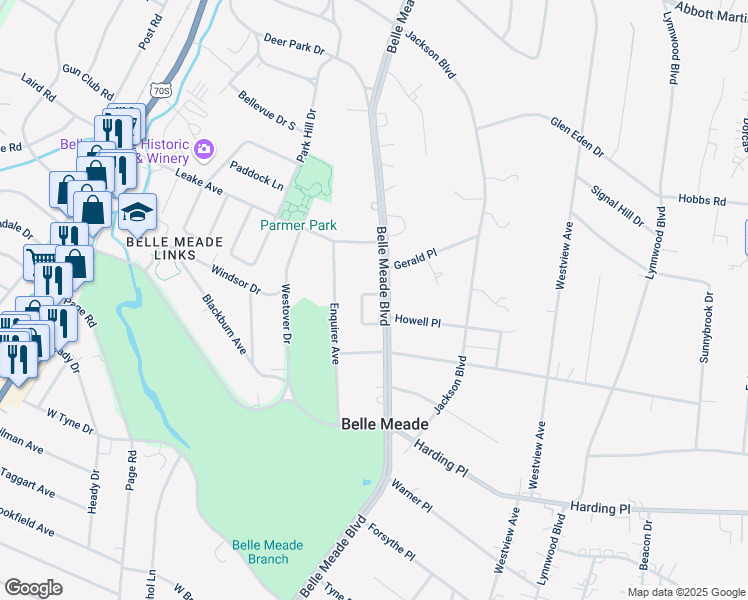 map of restaurants, bars, coffee shops, grocery stores, and more near 609 Belle Meade Boulevard in Nashville