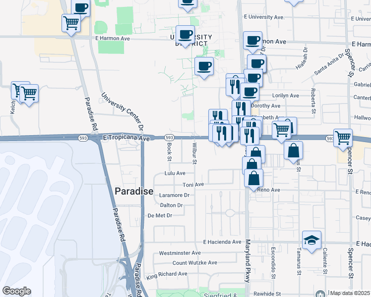map of restaurants, bars, coffee shops, grocery stores, and more near 4933 Wilbur Street in Las Vegas