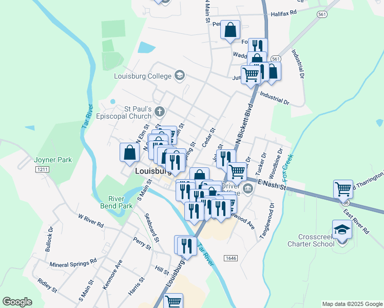 map of restaurants, bars, coffee shops, grocery stores, and more near 207 Spring Street in Louisburg