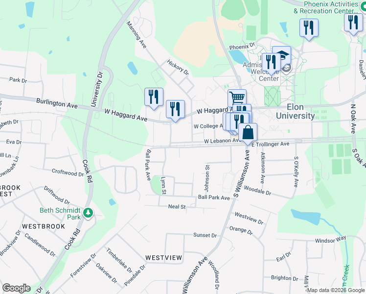 map of restaurants, bars, coffee shops, grocery stores, and more near West Lebanon Avenue in Elon