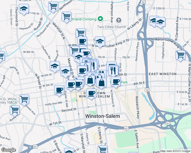 map of restaurants, bars, coffee shops, grocery stores, and more near in Winston-Salem