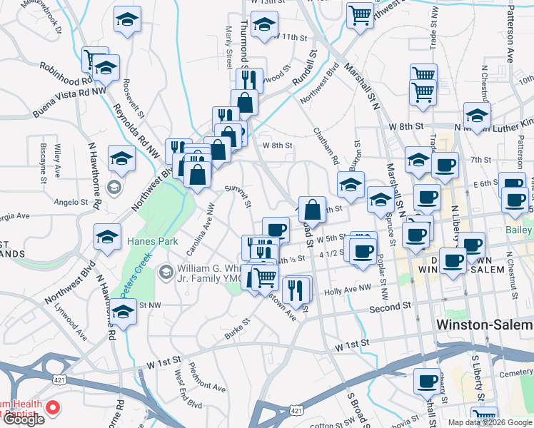 map of restaurants, bars, coffee shops, grocery stores, and more near 276 West End Boulevard in Winston-Salem