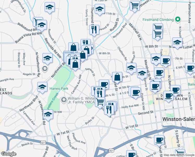 map of restaurants, bars, coffee shops, grocery stores, and more near 615 Summit Street in Winston-Salem