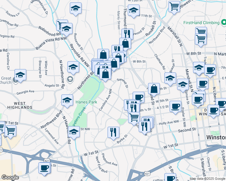 map of restaurants, bars, coffee shops, grocery stores, and more near 617 Jersey Avenue in Winston-Salem