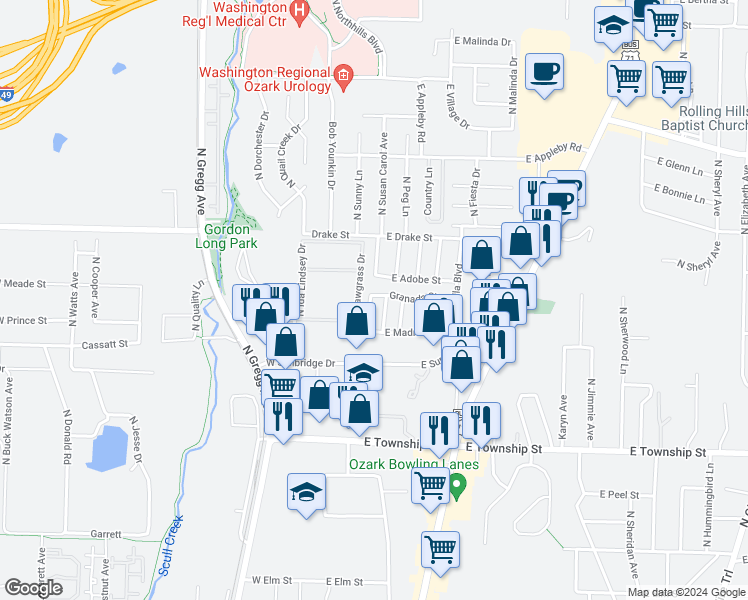 map of restaurants, bars, coffee shops, grocery stores, and more near 2693 North Valencia Avenue in Fayetteville
