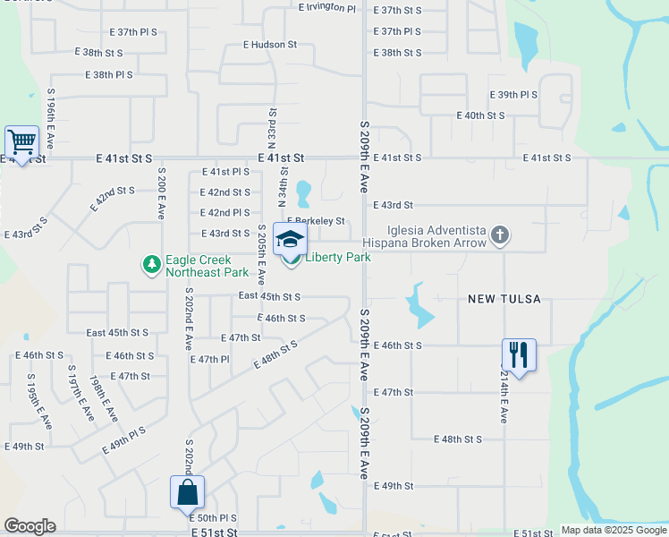 map of restaurants, bars, coffee shops, grocery stores, and more near 4300 South 209th East Avenue in Broken Arrow
