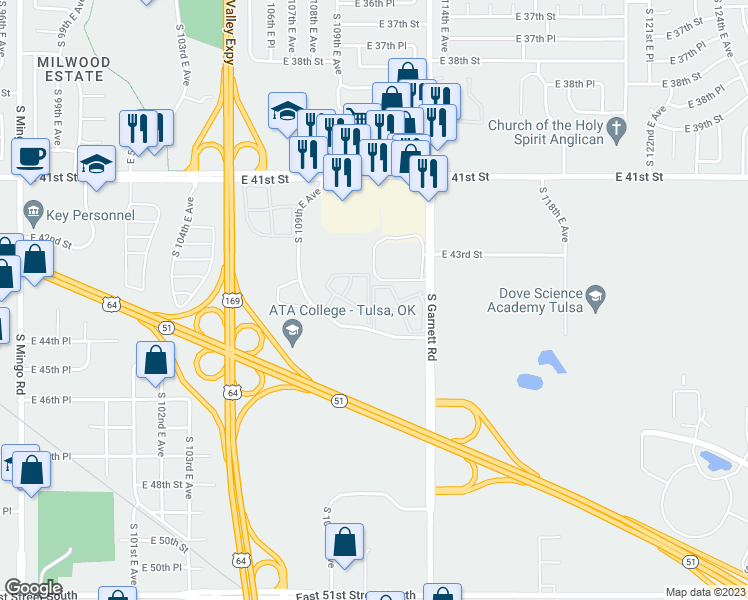 map of restaurants, bars, coffee shops, grocery stores, and more near 11223 East 45th Street in Tulsa