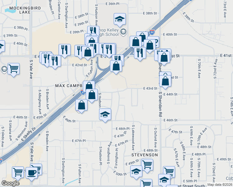 map of restaurants, bars, coffee shops, grocery stores, and more near 5907 East 43rd Street in Tulsa
