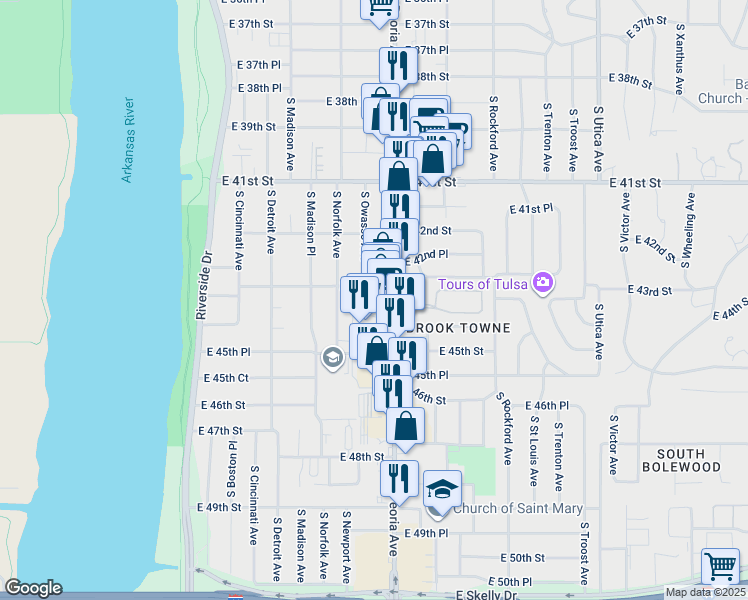 map of restaurants, bars, coffee shops, grocery stores, and more near 4302 South Peoria Avenue in Tulsa