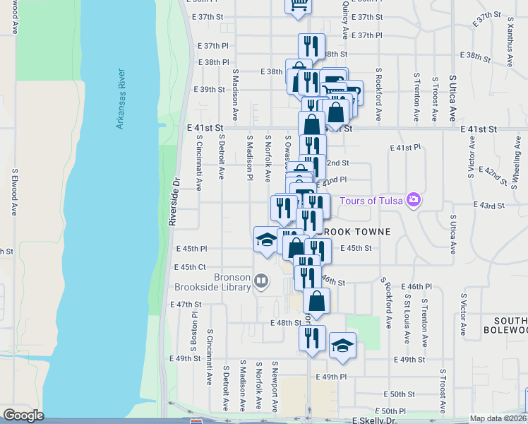 map of restaurants, bars, coffee shops, grocery stores, and more near 4301 South Madison Place in Tulsa
