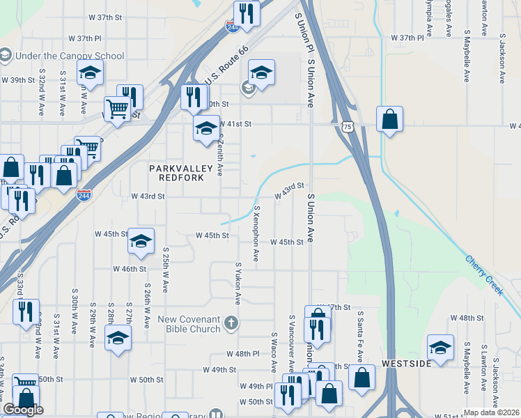 map of restaurants, bars, coffee shops, grocery stores, and more near 2022 West 43rd Street in Tulsa