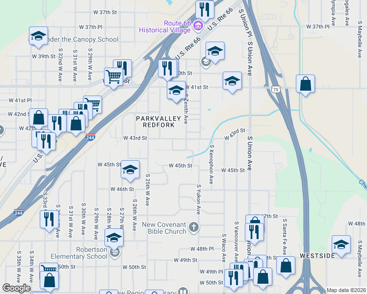map of restaurants, bars, coffee shops, grocery stores, and more near 2216 West 43rd Street in Tulsa