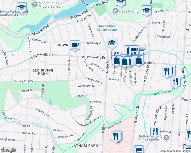 map of restaurants, bars, coffee shops, grocery stores, and more near 202 Elmwood Drive in Greensboro