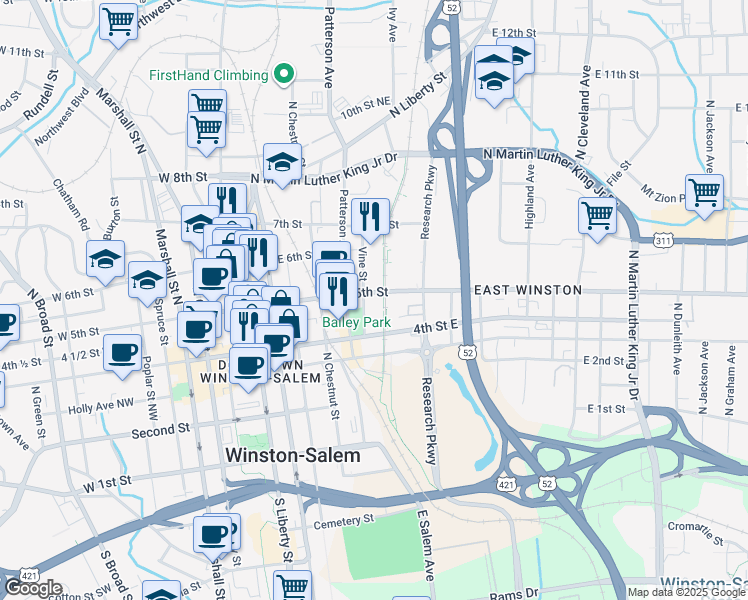 map of restaurants, bars, coffee shops, grocery stores, and more near 475 Vine Street in Winston-Salem