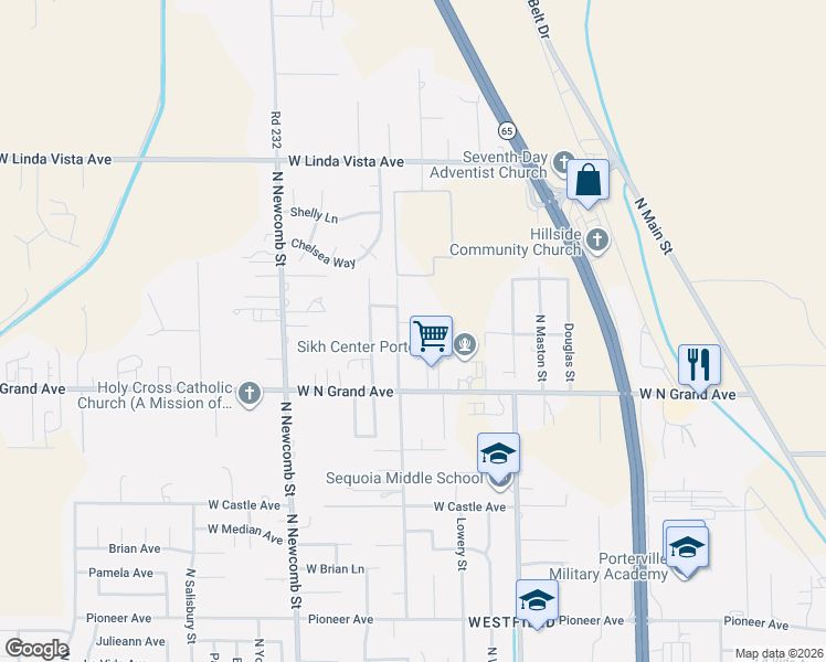 map of restaurants, bars, coffee shops, grocery stores, and more near 1917 North Beverly Street in Porterville