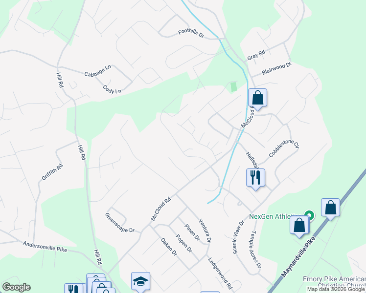 map of restaurants, bars, coffee shops, grocery stores, and more near 7901-7917 Medaris Drive in Knoxville