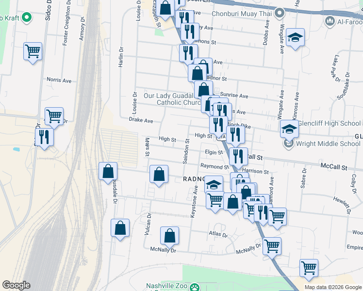 map of restaurants, bars, coffee shops, grocery stores, and more near 3307 Saindon Street in Nashville