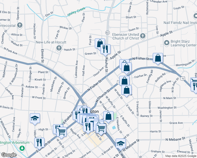 map of restaurants, bars, coffee shops, grocery stores, and more near 308 North Fisher Street in Burlington