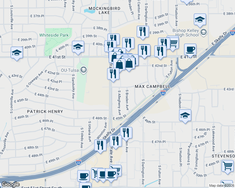 map of restaurants, bars, coffee shops, grocery stores, and more near 4317 South Yale Avenue in Tulsa