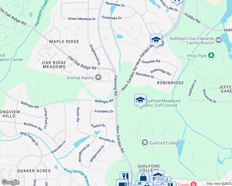map of restaurants, bars, coffee shops, grocery stores, and more near New Garden Road & Fleming Road in Greensboro