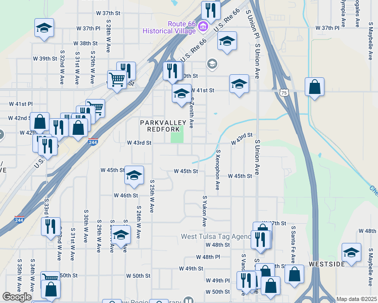 map of restaurants, bars, coffee shops, grocery stores, and more near 2216 West 43rd Street in Tulsa