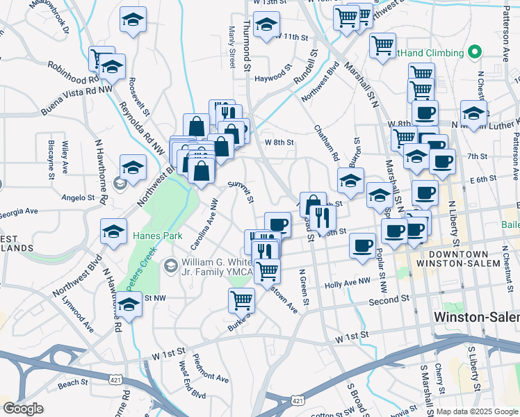 map of restaurants, bars, coffee shops, grocery stores, and more near 855 West 6th Street in Winston-Salem
