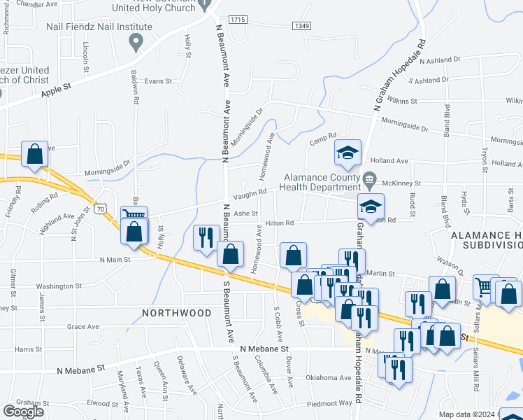 map of restaurants, bars, coffee shops, grocery stores, and more near 311 Homewood Avenue in Burlington