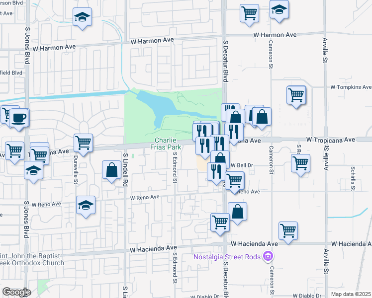 map of restaurants, bars, coffee shops, grocery stores, and more near 5155 West Tropicana Avenue in Las Vegas