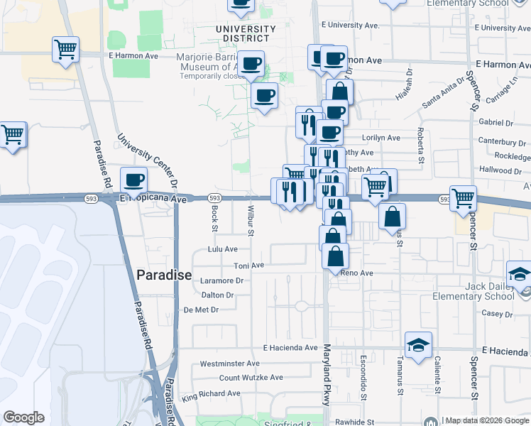 map of restaurants, bars, coffee shops, grocery stores, and more near 1055 East Tropicana Avenue in Las Vegas