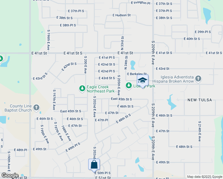 map of restaurants, bars, coffee shops, grocery stores, and more near 20400 East 43rd Place South in Broken Arrow