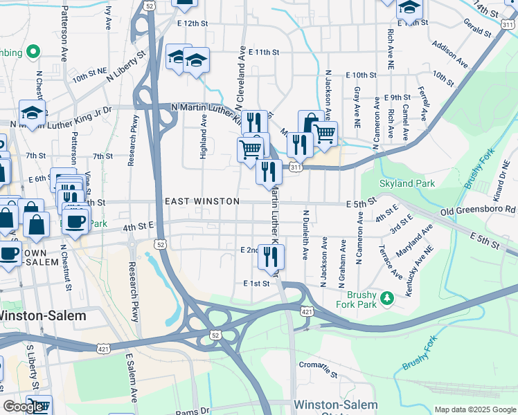 map of restaurants, bars, coffee shops, grocery stores, and more near in Winston-Salem