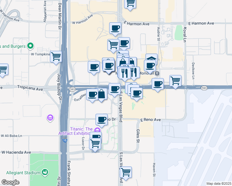 map of restaurants, bars, coffee shops, grocery stores, and more near 3800 South Las Vegas Boulevard in Las Vegas