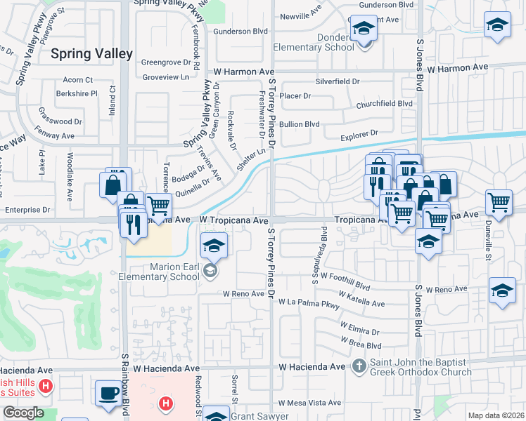 map of restaurants, bars, coffee shops, grocery stores, and more near 379 South Torrey Pines Drive in Las Vegas