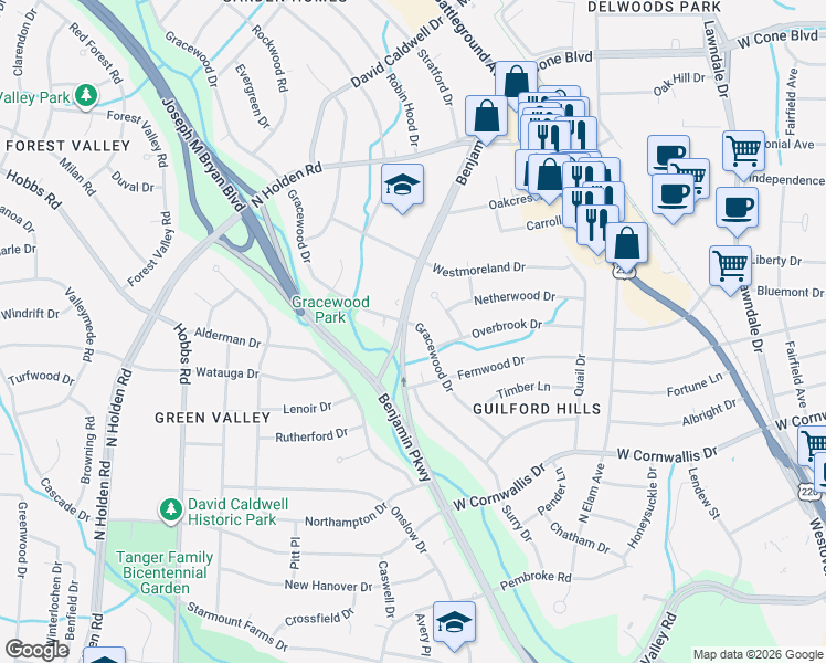 map of restaurants, bars, coffee shops, grocery stores, and more near 1412 Gracewood Drive in Greensboro