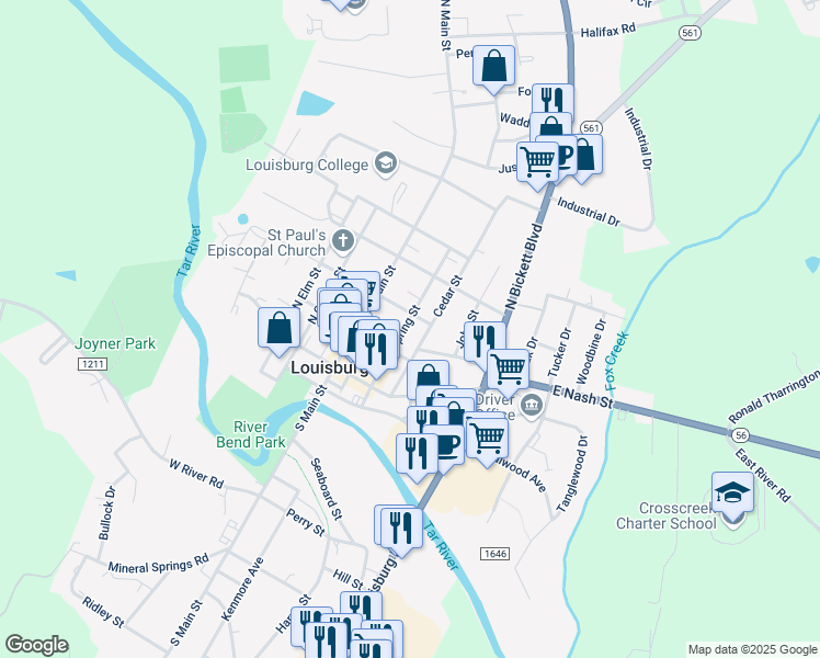 map of restaurants, bars, coffee shops, grocery stores, and more near 207 Spring Street in Louisburg