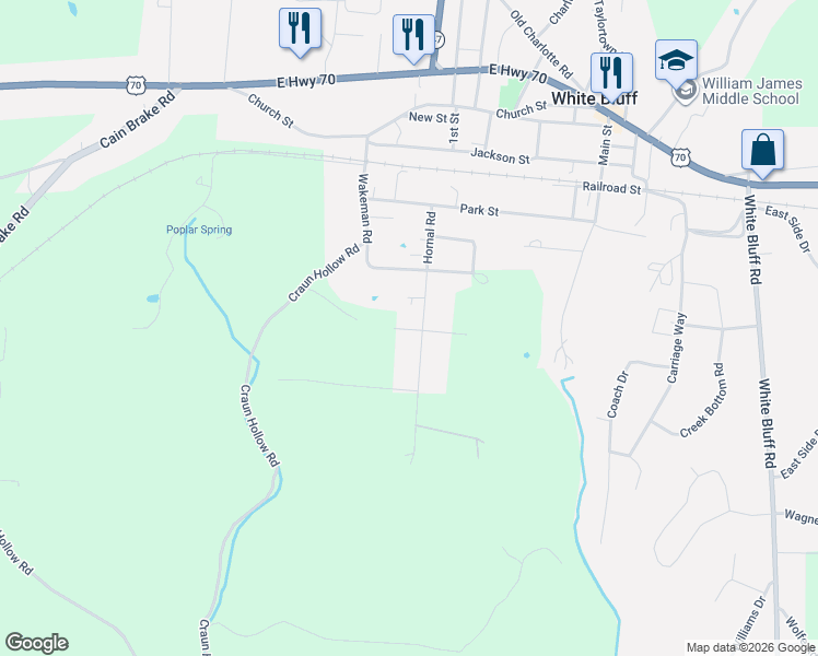 map of restaurants, bars, coffee shops, grocery stores, and more near 1242 Hornal Road in White Bluff