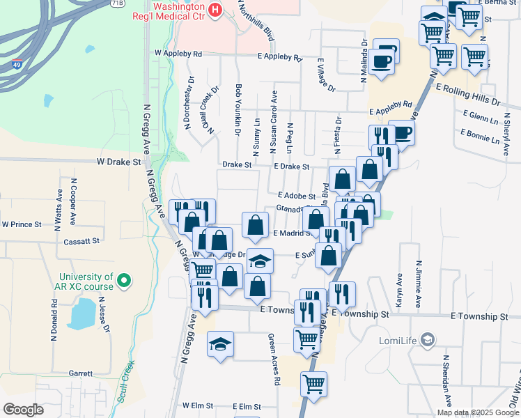 map of restaurants, bars, coffee shops, grocery stores, and more near 2685 North Valencia Avenue in Fayetteville