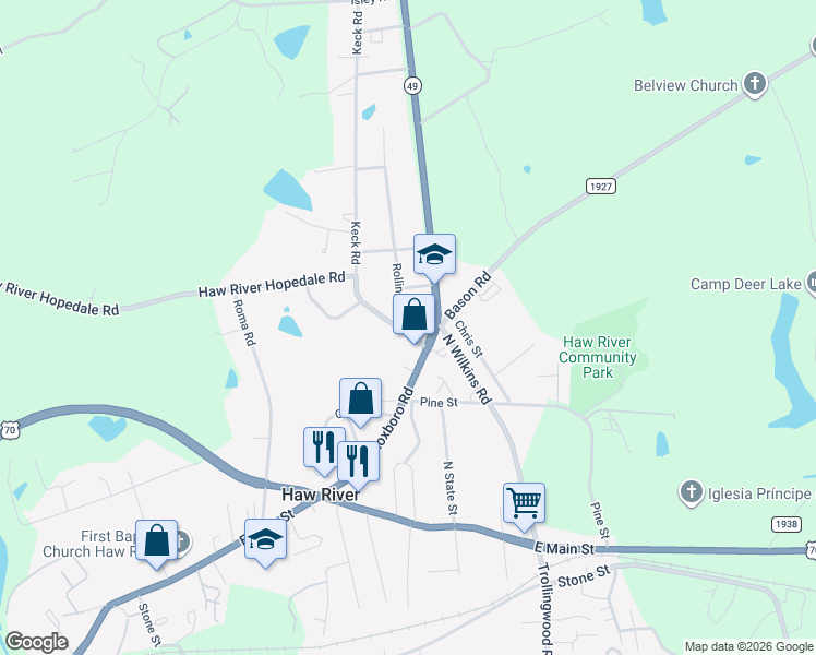 map of restaurants, bars, coffee shops, grocery stores, and more near 402 Roxboro Road in Haw River