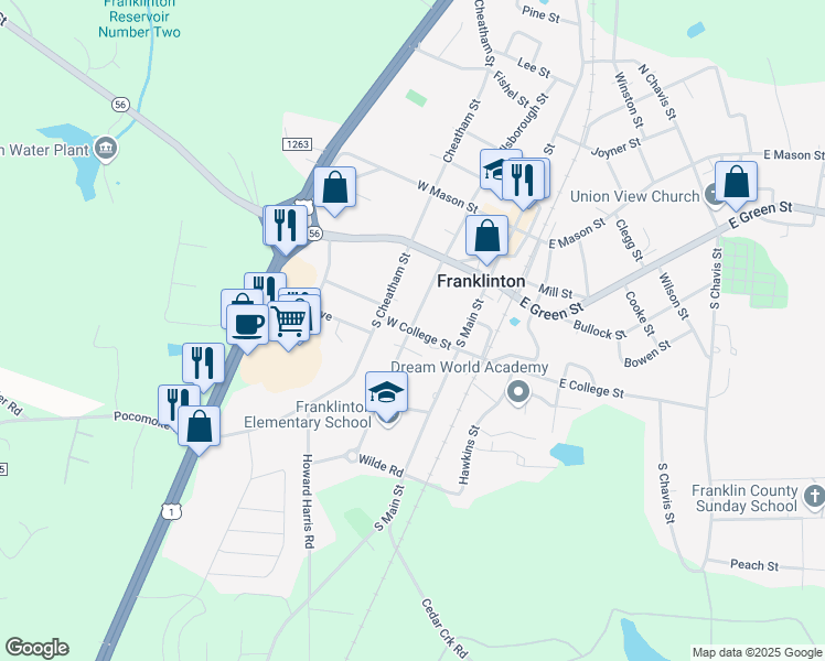 map of restaurants, bars, coffee shops, grocery stores, and more near West College Street in Franklinton