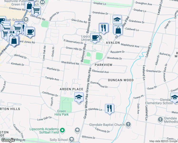 map of restaurants, bars, coffee shops, grocery stores, and more near 4309 Granny White Pike in Nashville