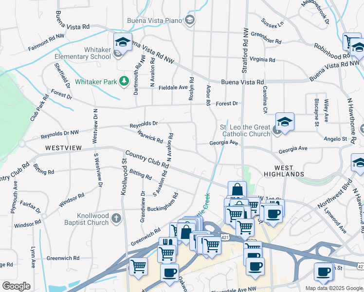 map of restaurants, bars, coffee shops, grocery stores, and more near 2431 Warwick Road in Winston-Salem