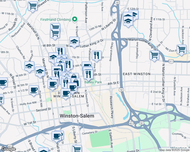 map of restaurants, bars, coffee shops, grocery stores, and more near 475 Vine Street in Winston-Salem