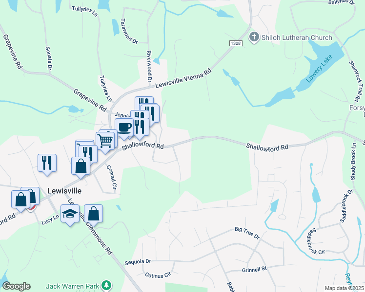 map of restaurants, bars, coffee shops, grocery stores, and more near 6114 Shallowford Road in Lewisville