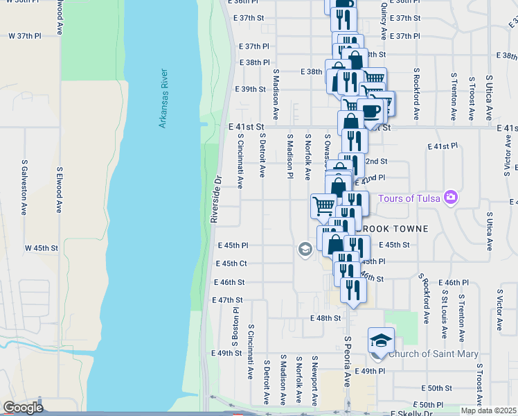 map of restaurants, bars, coffee shops, grocery stores, and more near 4312 South Detroit Avenue in Tulsa