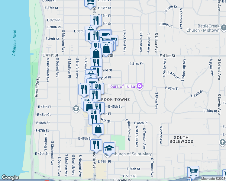 map of restaurants, bars, coffee shops, grocery stores, and more near 1364 East 43rd Place in Tulsa