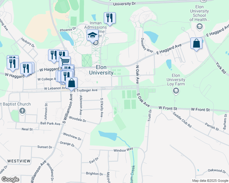 map of restaurants, bars, coffee shops, grocery stores, and more near 103 North Antioch Avenue in Elon