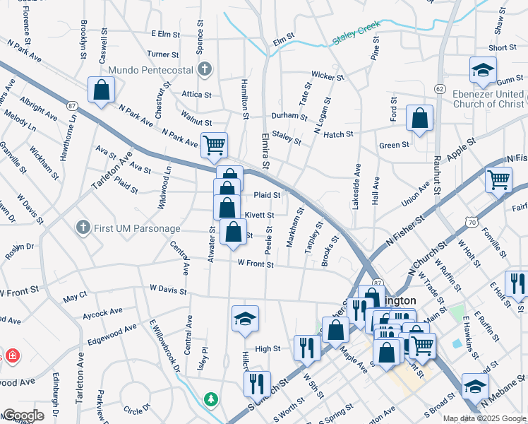 map of restaurants, bars, coffee shops, grocery stores, and more near 703 Kivett Street in Burlington