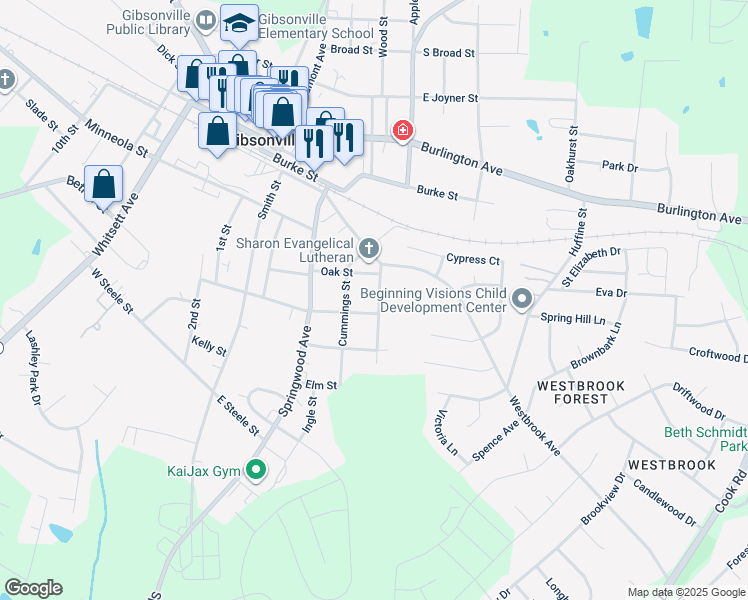 map of restaurants, bars, coffee shops, grocery stores, and more near 510 Meadow Street in Gibsonville