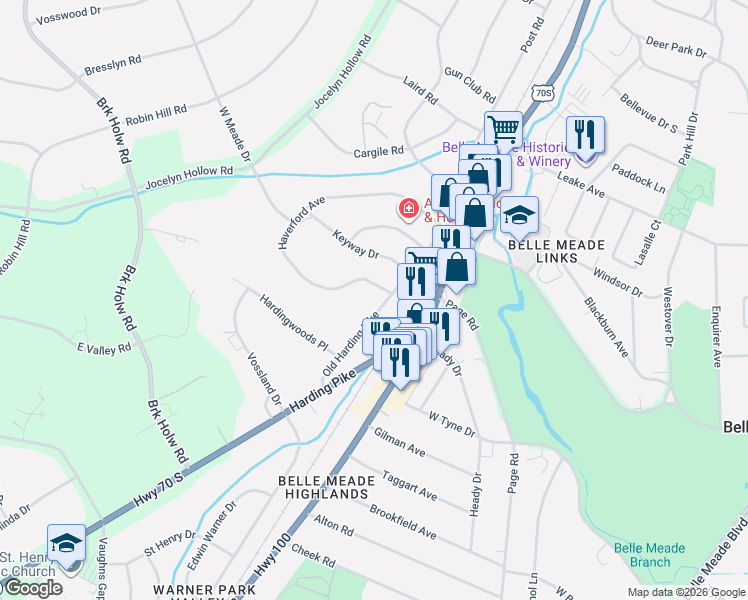 map of restaurants, bars, coffee shops, grocery stores, and more near 5904 Old Harding Pike in Nashville