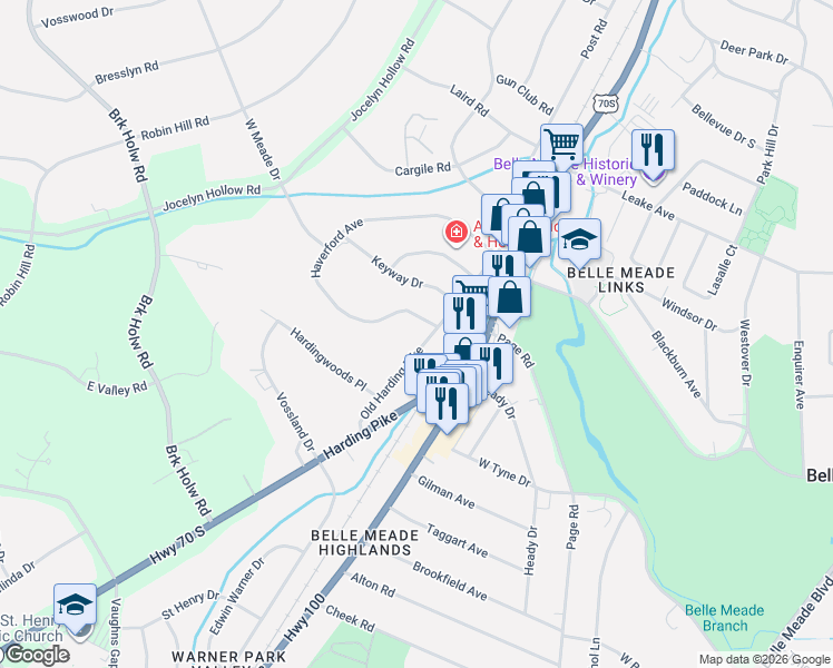 map of restaurants, bars, coffee shops, grocery stores, and more near 5904 Old Harding Pike in Nashville